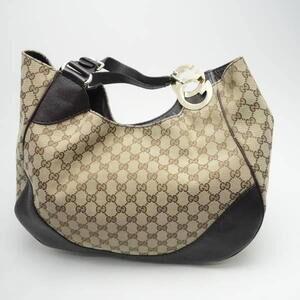Gucci Handbag White Pattern Canvas Leather Beige Brown